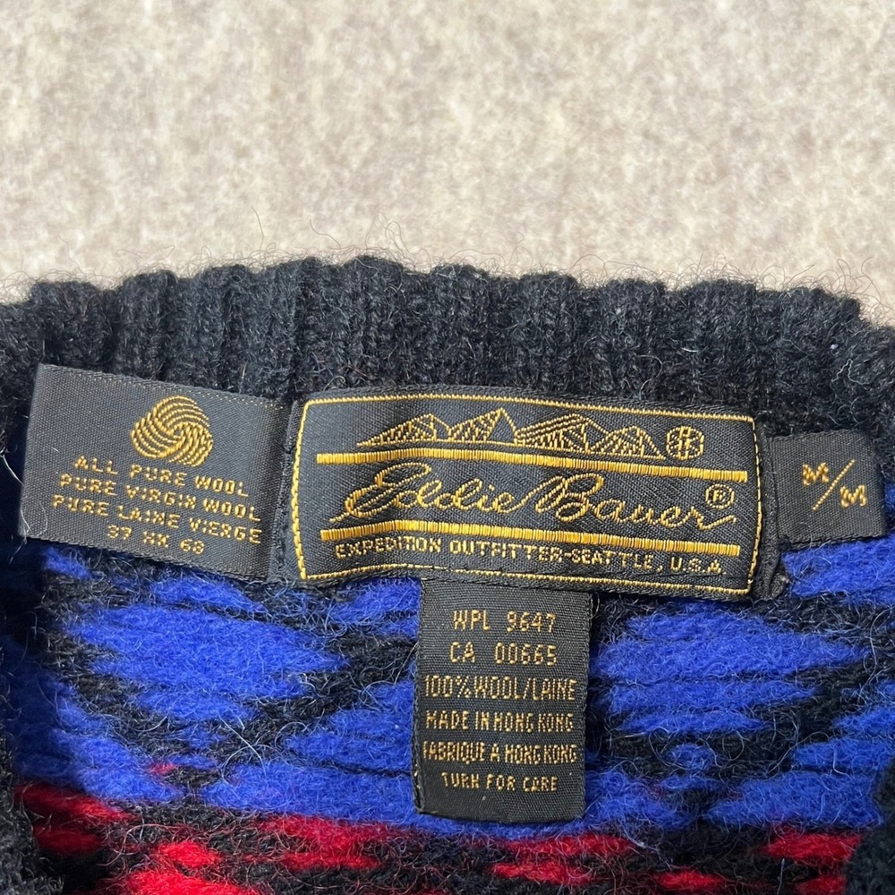Vintage Eddie Bauer 100% Wool Fair Isle Snowflake Black Sweater Mens Medium - Picture 3 of 6